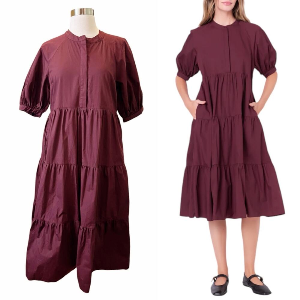 ENGLISH FACTORY Midi Burgundy Red Dress Cotton Puffy Short Sleeves Tiered 4 EUC